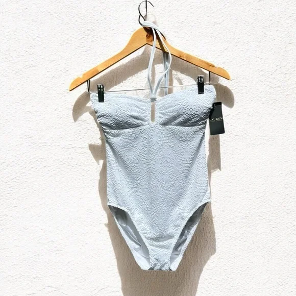 🌻NEW w/tag Lauren Ralph Lauren White Crochet Ring Bandeau 1-Piece Swimsuit sz 6 - Picture 2 of 11